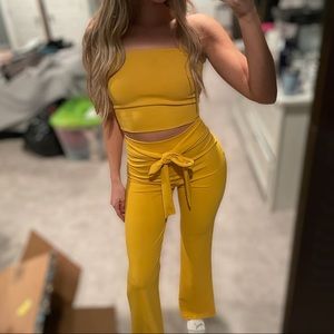 Yellow Two-Piece Tie-Waist Crop Top and Pants Set